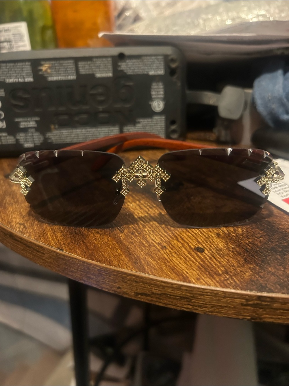 Embellished Rimless Sunglasses in Dark Brown and Gold